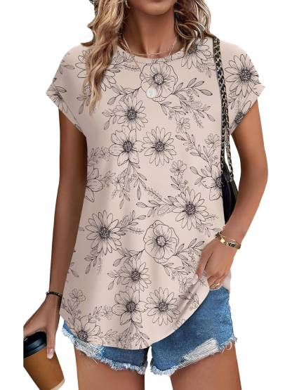 Womens Printing Dressy Casual Cap Sleeve Tops with Curved Hem