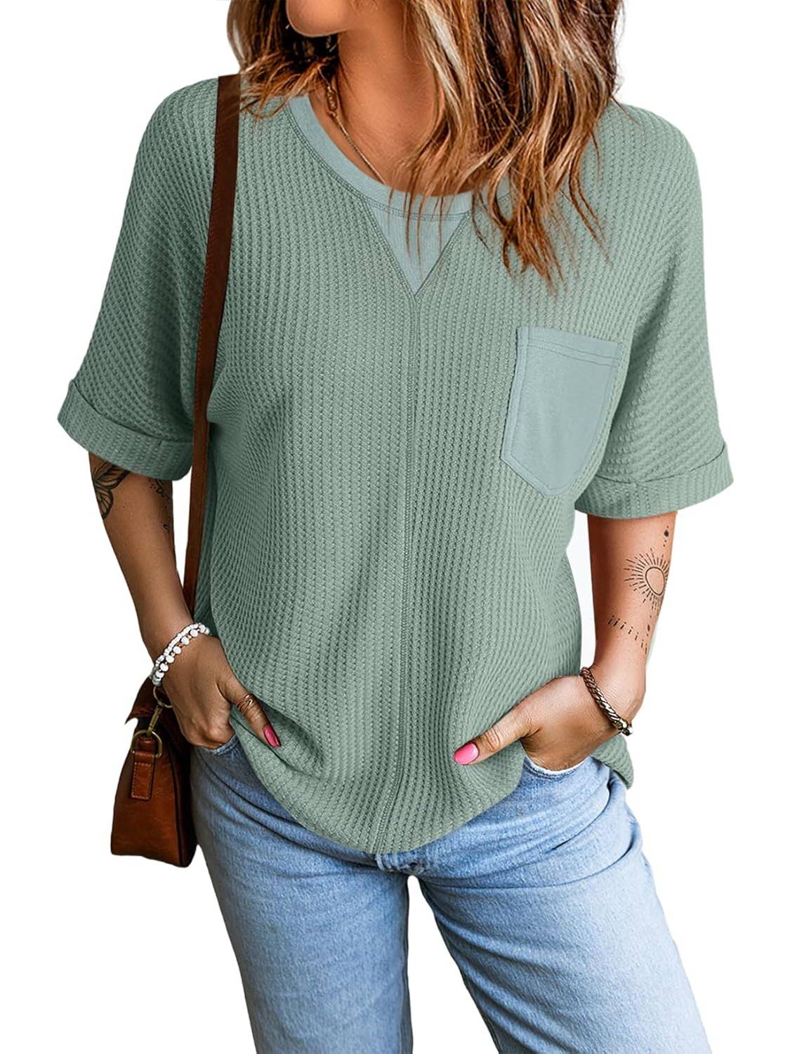 2025 Fashion Short Sleeve Crewneck Waffle Knit Oversized T-shirts