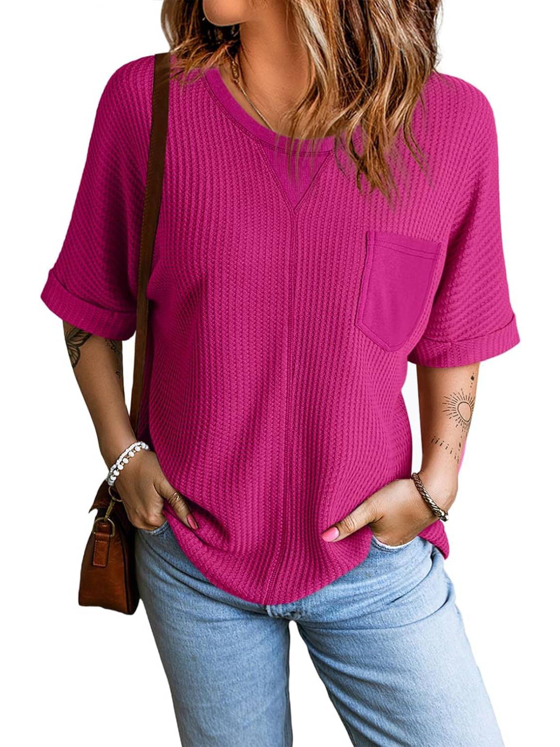 2025 Fashion Short Sleeve Crewneck Waffle Knit Oversized T-shirts