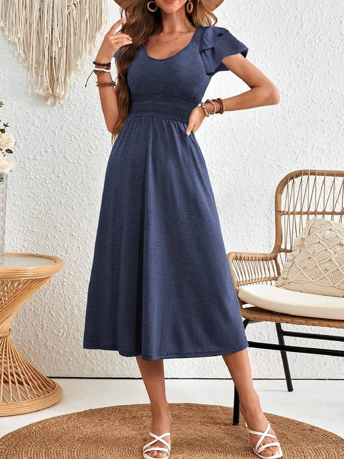 Women's Crewneck A-Line Ruffle Short Sleeve Midi Dress