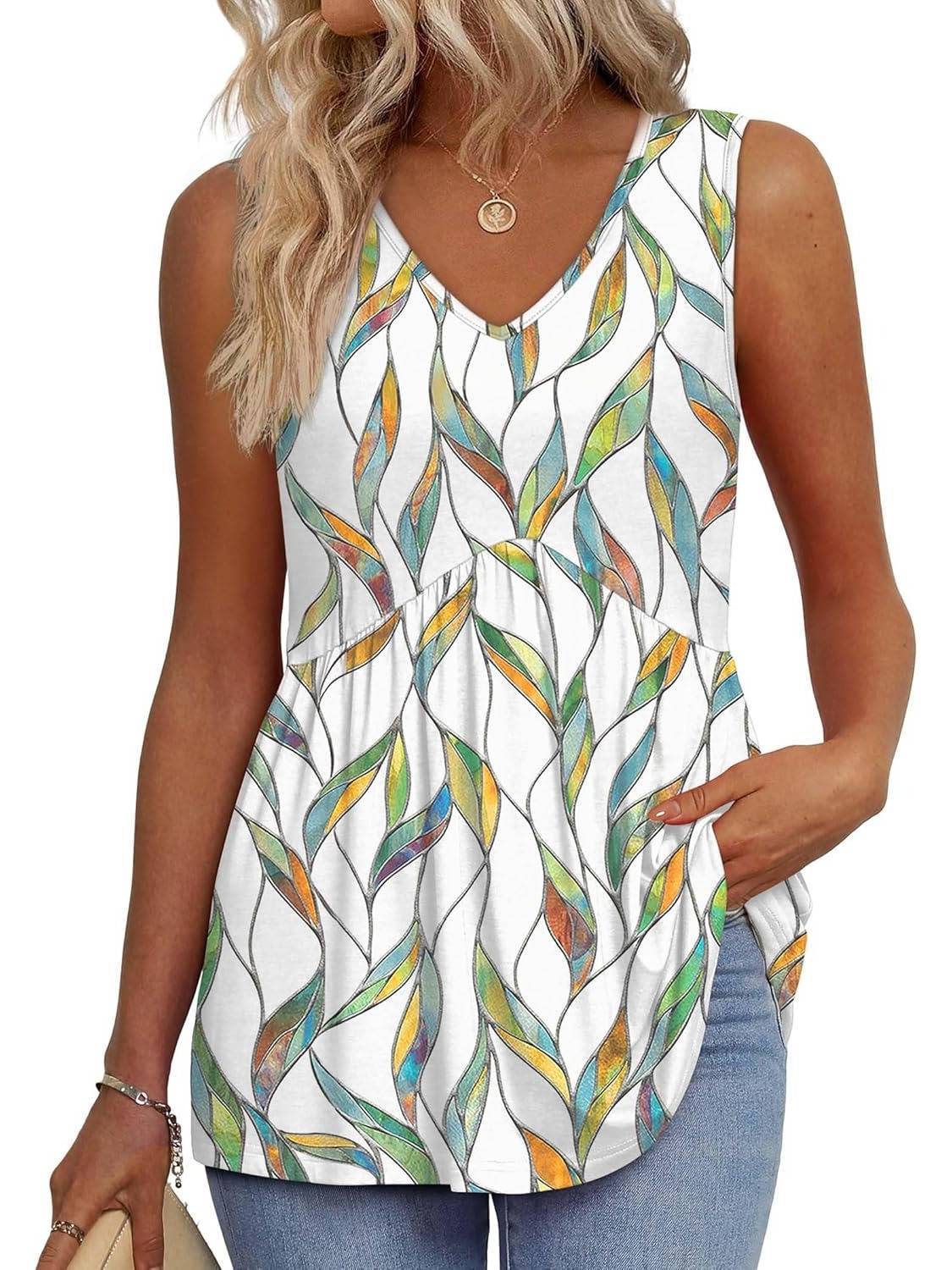 Women Dressy Sleeveless V Neck Babydoll Tank Tops