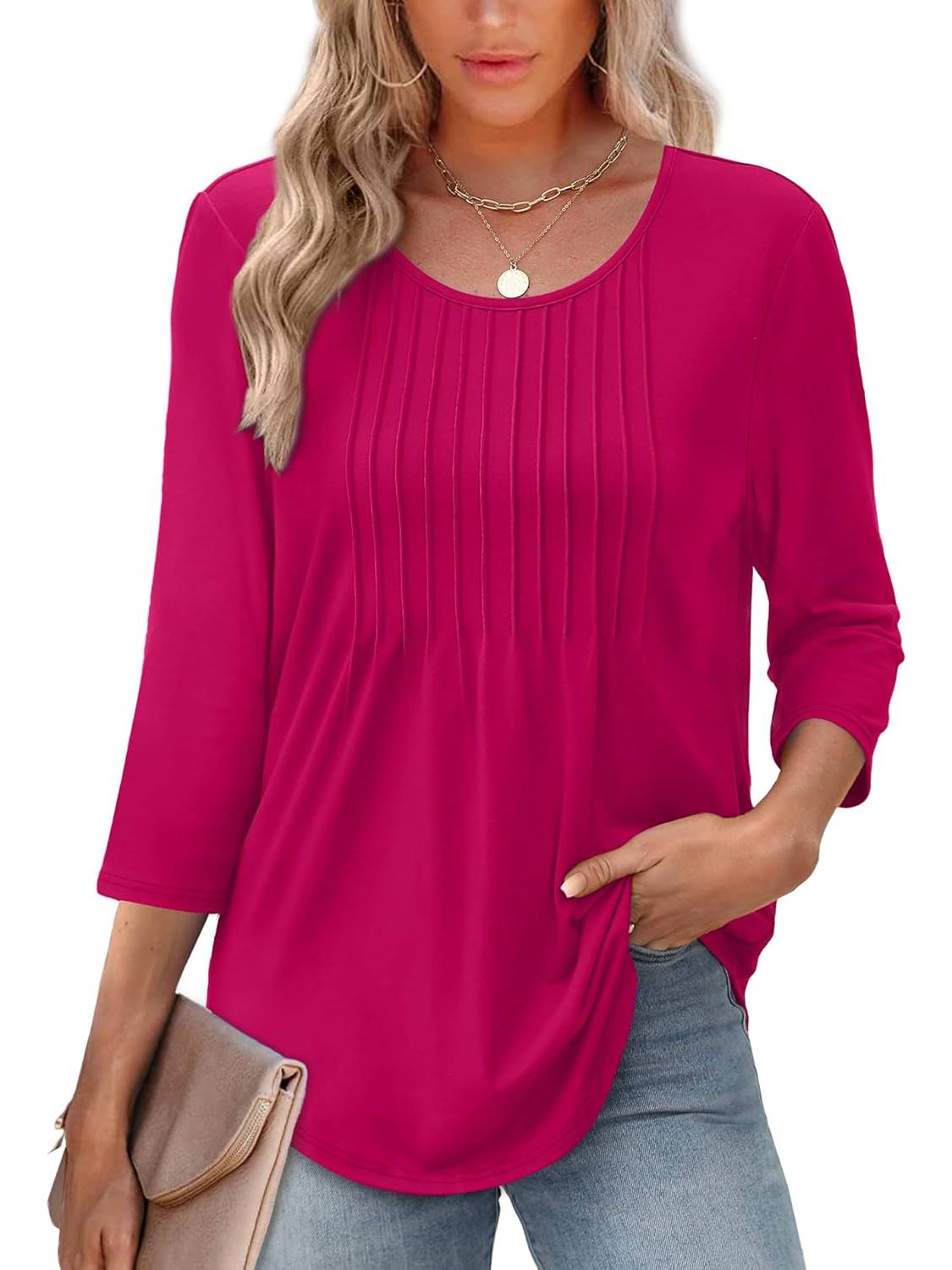 Women Crewneck Casual Pleated Tunic 3/4 Length Sleeve Tops