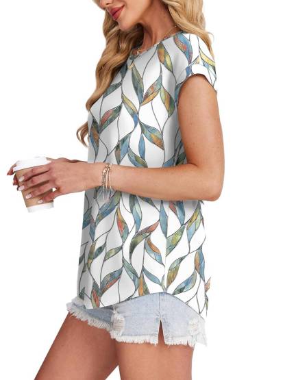 Womens Printing Dressy Casual Cap Sleeve Tops with Curved Hem