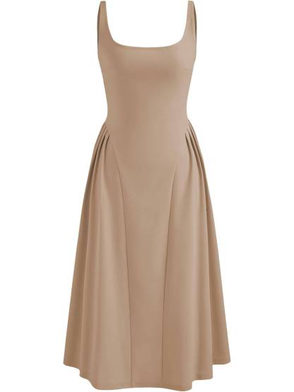 Woven Square Neck Solid Ruffle Midi Dress Curve