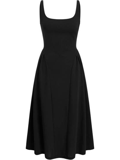 Woven Square Neck Solid Ruffle Midi Dress Curve