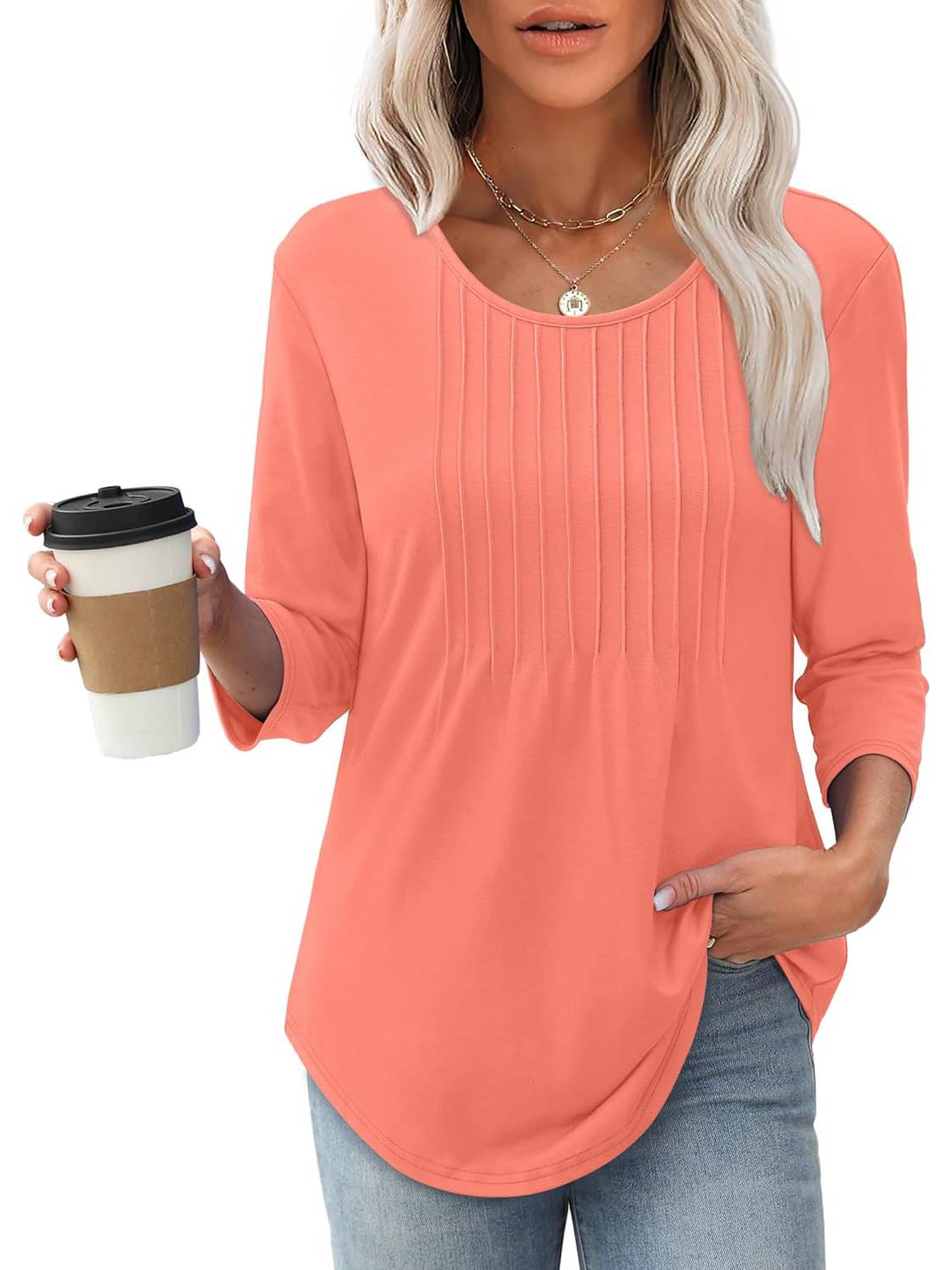 Women Crewneck Casual Pleated Tunic 3/4 Length Sleeve Tops