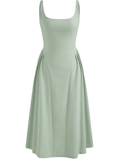 Woven Square Neck Solid Ruffle Midi Dress Curve