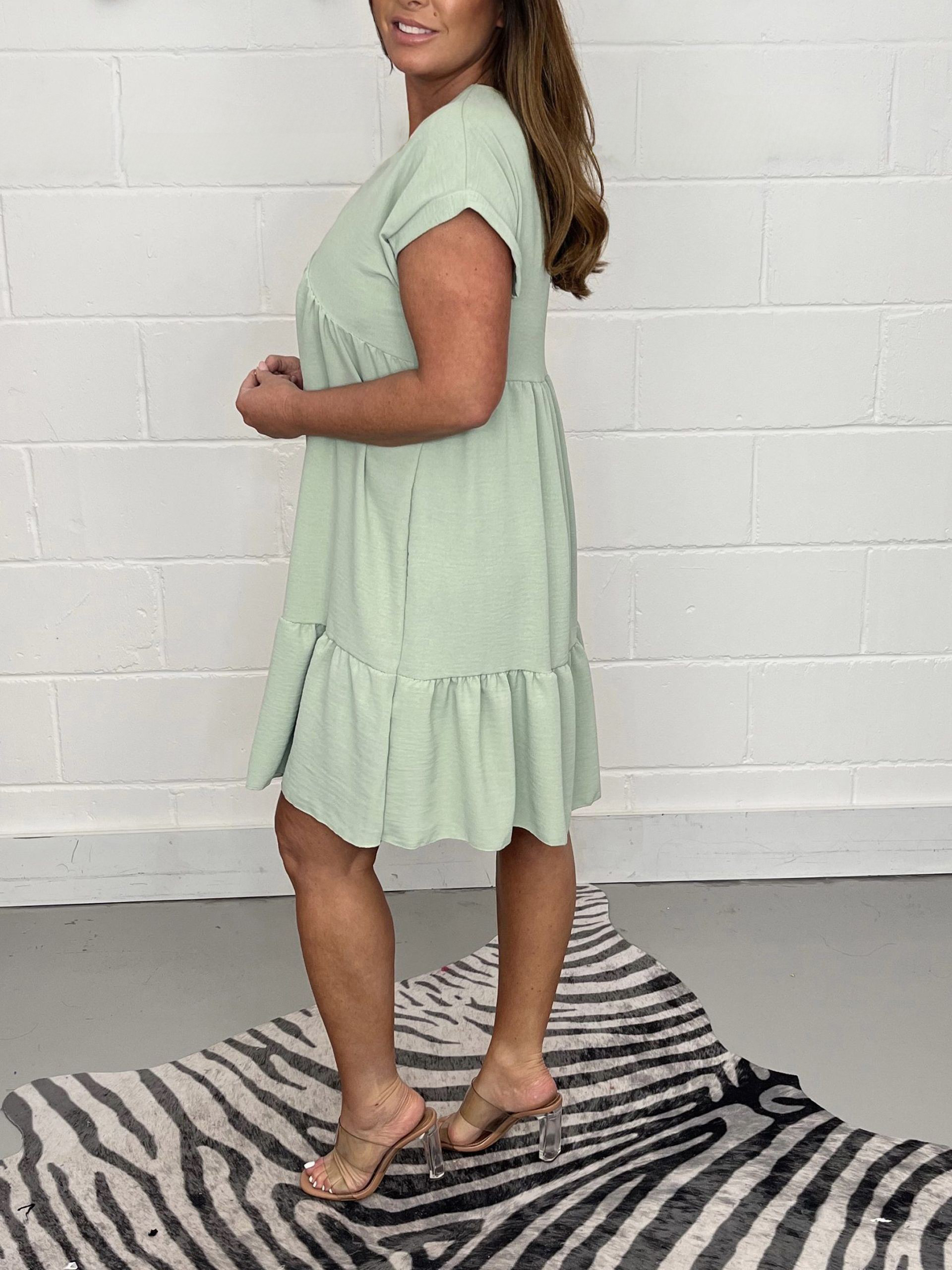New Sage V Neck Swing Dress