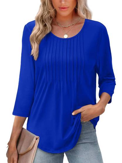 Women Crewneck Casual Pleated Tunic 3/4 Length Sleeve Tops