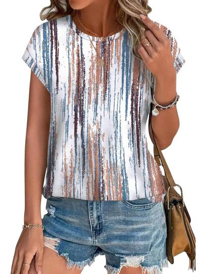 Womens Printing Dressy Casual Cap Sleeve Tops with Curved Hem