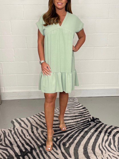 New Sage V Neck Swing Dress