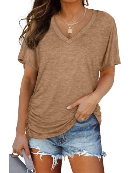 Womens Short Sleeve V Neck Dolman Tops with Side Shirring