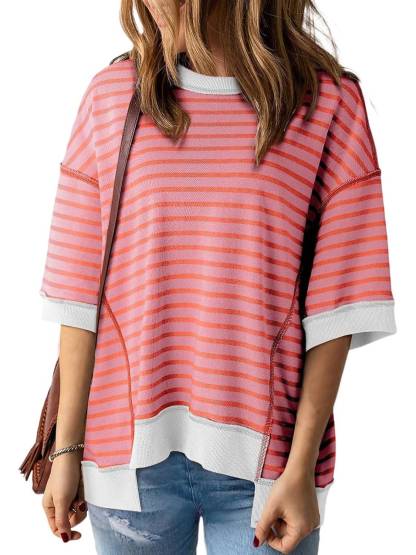 ⏰Hot Sale-Women Striped Color Block Tops Short Sleeve