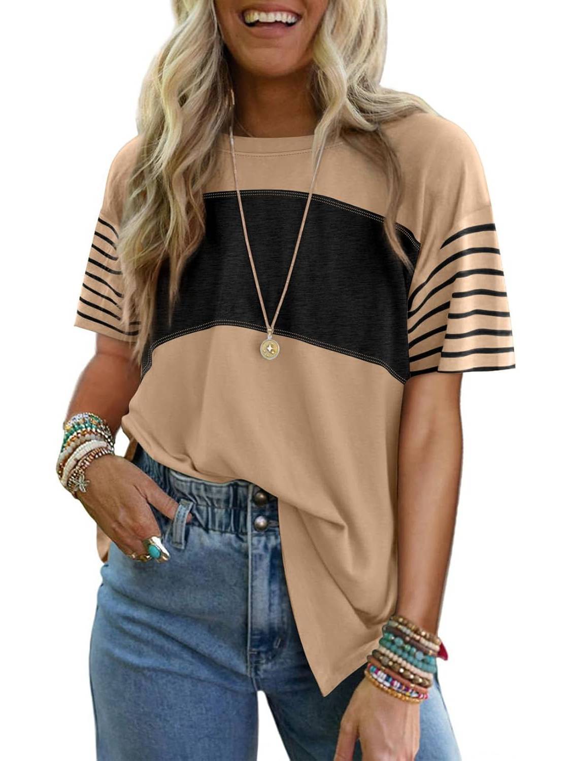 Womens Oversized Crewneck Casual Color Block Striped Shirts Blouses