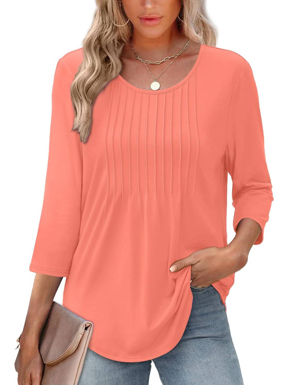 Women Crewneck Casual Pleated Tunic 3/4 Length Sleeve Tops