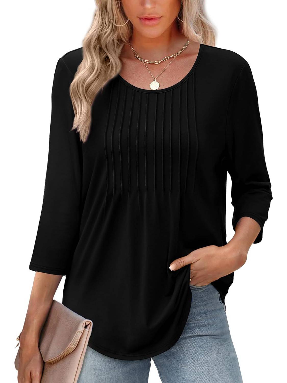 Women Crewneck Casual Pleated Tunic 3/4 Length Sleeve Tops