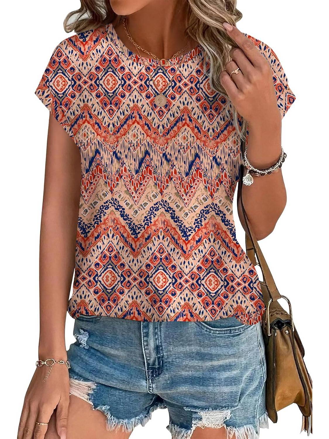 Womens Printing Dressy Casual Cap Sleeve Tops with Curved Hem