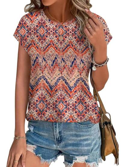 Womens Printing Dressy Casual Cap Sleeve Tops with Curved Hem