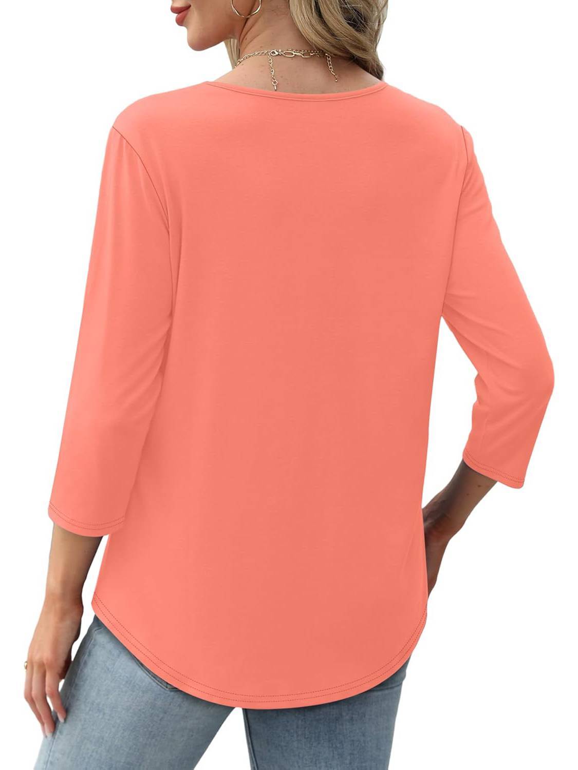 Women Crewneck Casual Pleated Tunic 3/4 Length Sleeve Tops