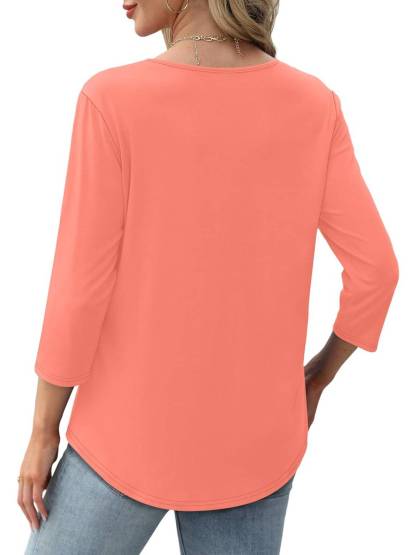 Women Crewneck Casual Pleated Tunic 3/4 Length Sleeve Tops