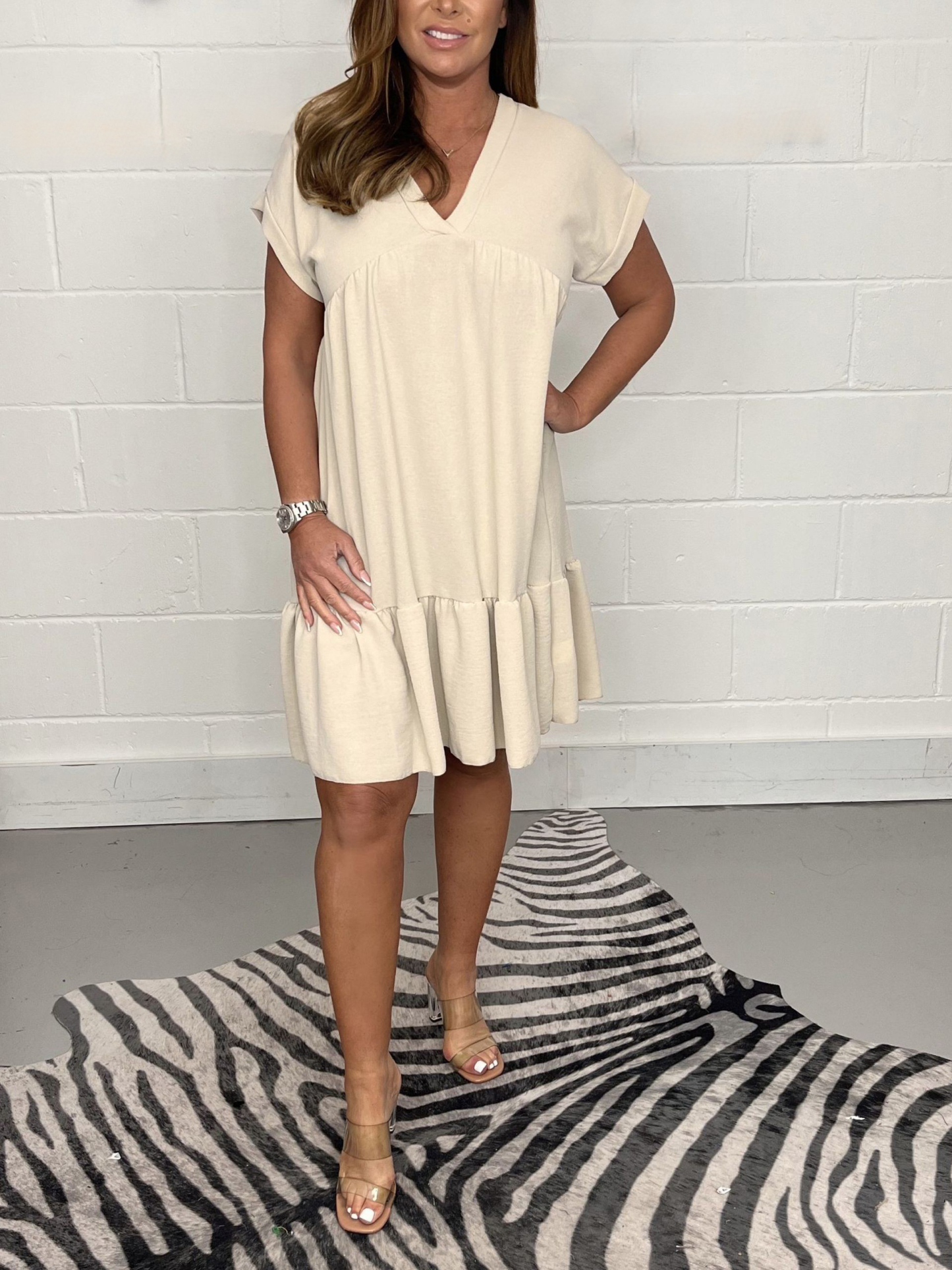 New Sage V Neck Swing Dress