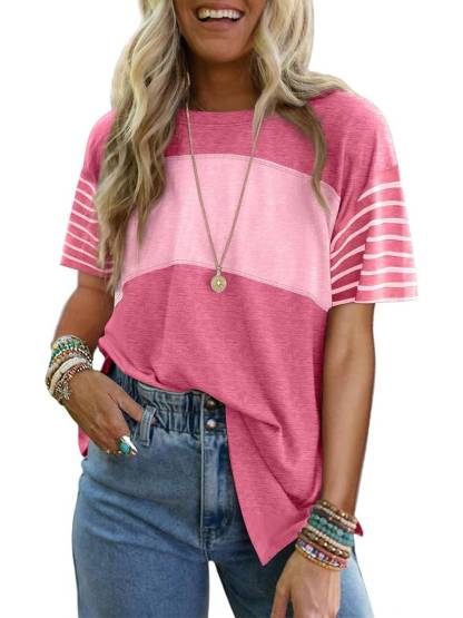 Womens Oversized Crewneck Casual Color Block Striped Shirts Blouses