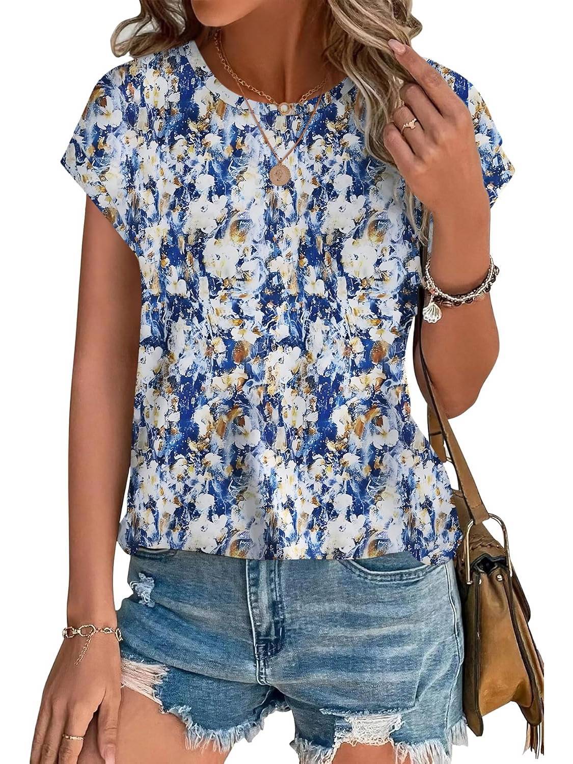 Womens Printing Dressy Casual Cap Sleeve Tops with Curved Hem