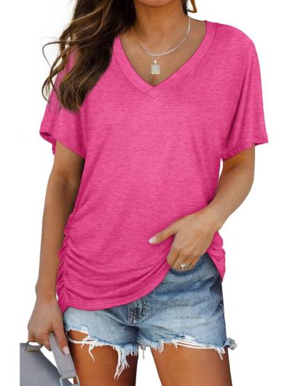 Womens Short Sleeve V Neck Dolman Tops with Side Shirring