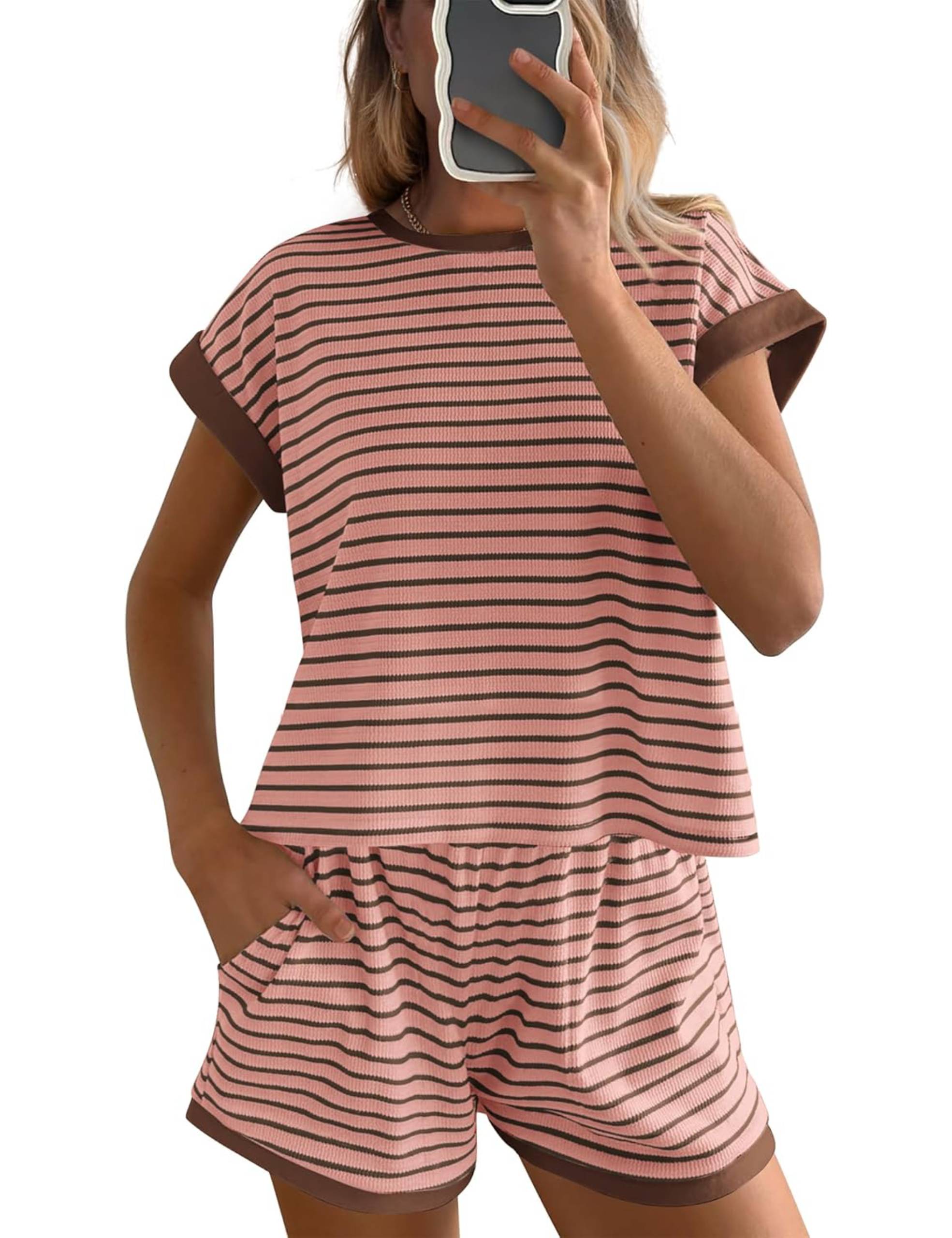 Women's Casual Striped Short Sleeve Tee & Mini Shorts 2 Piece Set(50% OFF TODAY!!)