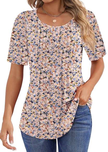 Women Summer Pleated Short Sleeve Tunic Blouses Shirts