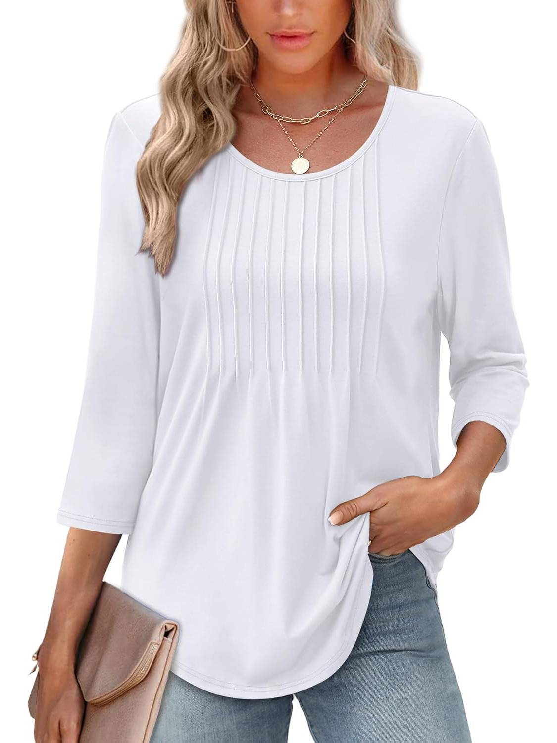 Women Crewneck Casual Pleated Tunic 3/4 Length Sleeve Tops