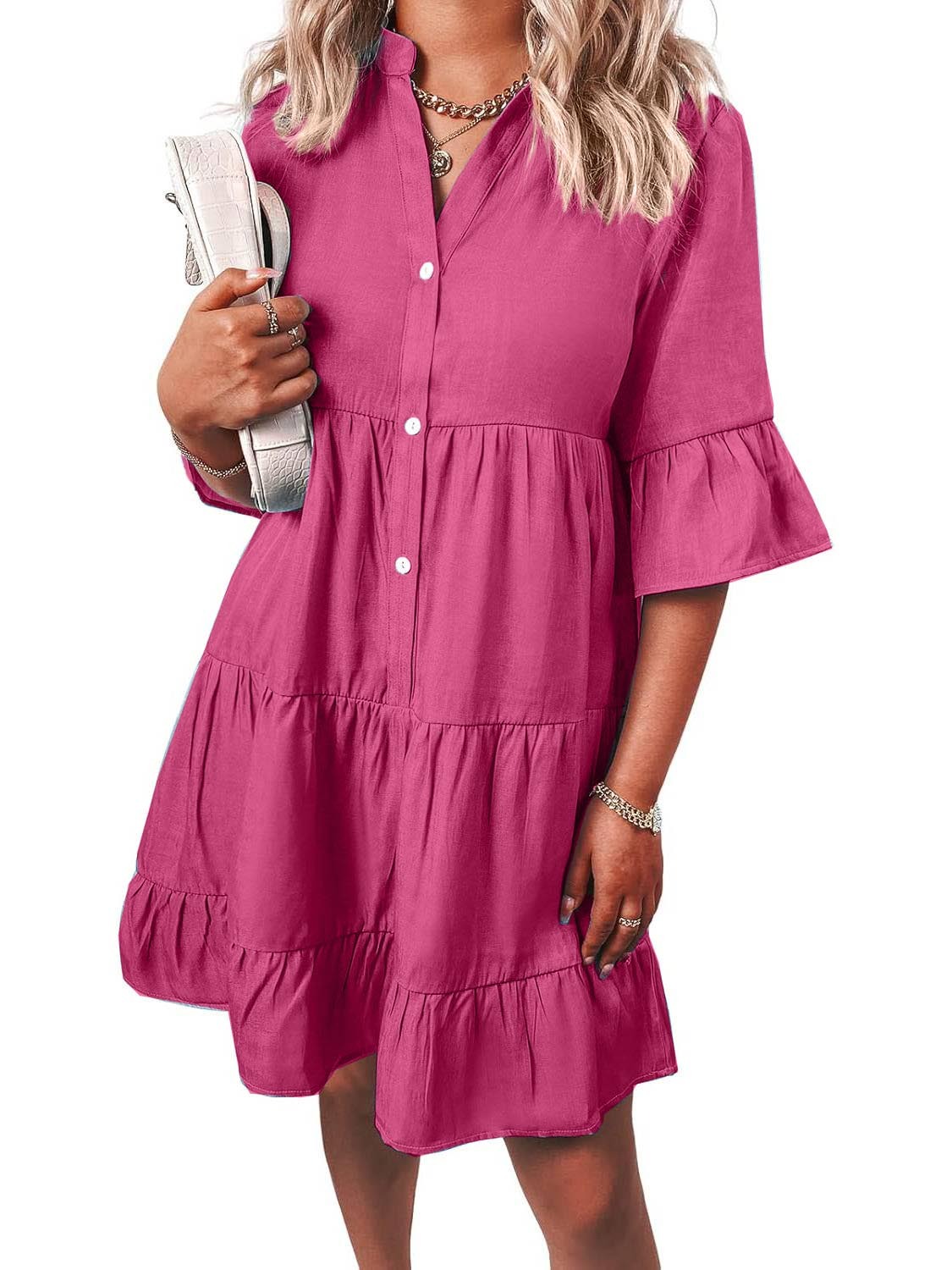 Women Casual V Neck Ruffle Short Sleeve Denim Dress
