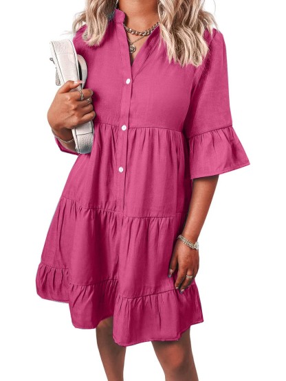 Women Casual V Neck Ruffle Short Sleeve Denim Dress