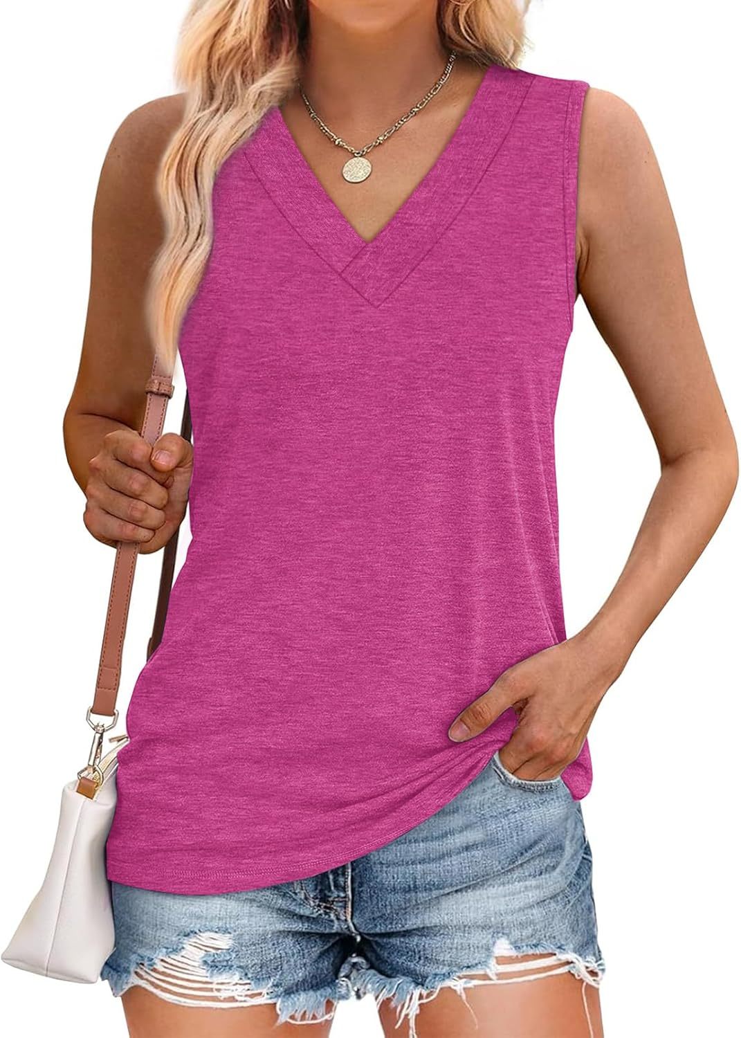 Women Summer Loose Fit V Neck T Shirts Trendy Sleeveless Basic Tank Tops