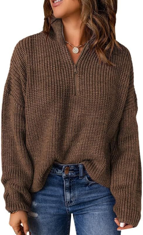 Womens Long Sleeve 1/4 Zip Pullover Polo V Neck Casual Sweaters Tops