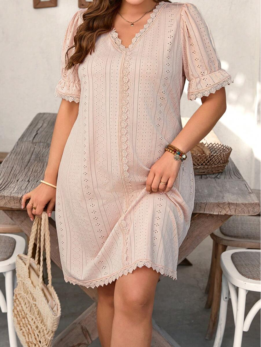 Womens Casual V Neck Contrast Lace Dress