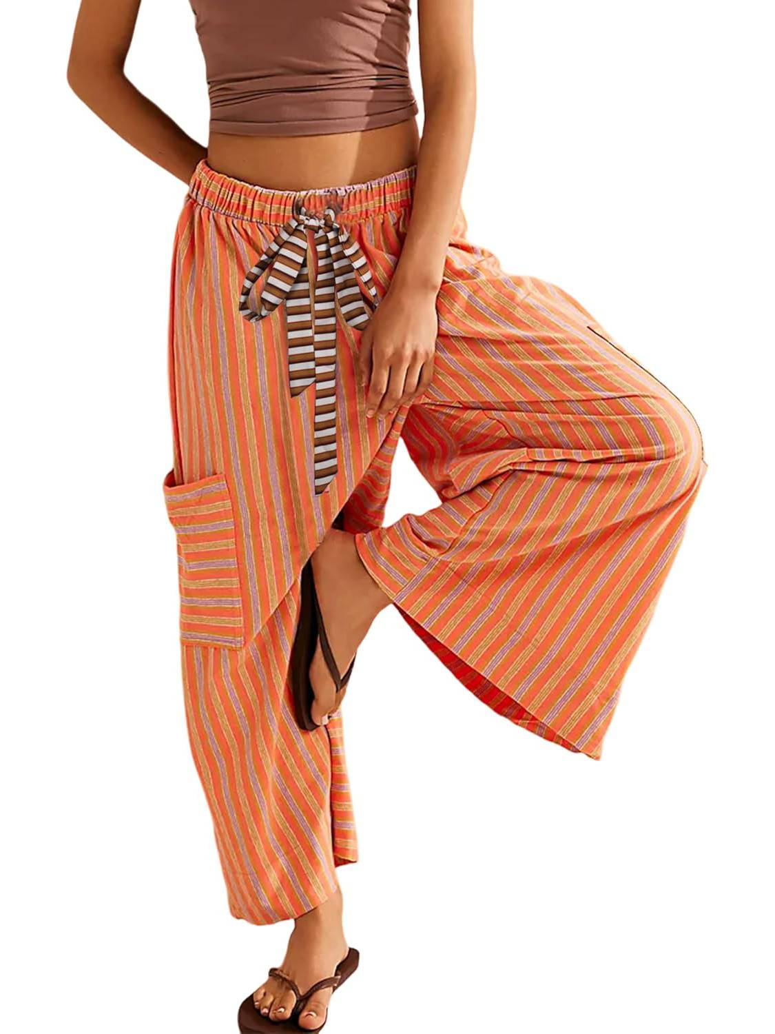 Women Drawstring Striped Loose Wide Leg Lounge Pants with Pockets
