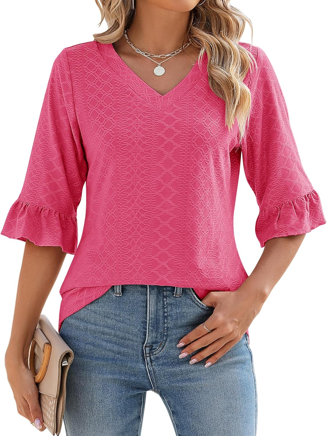 Womens 3/4 Length Sleeve V-Neck Eyelet Casual Ruffle Sleeve Tunic Blouses