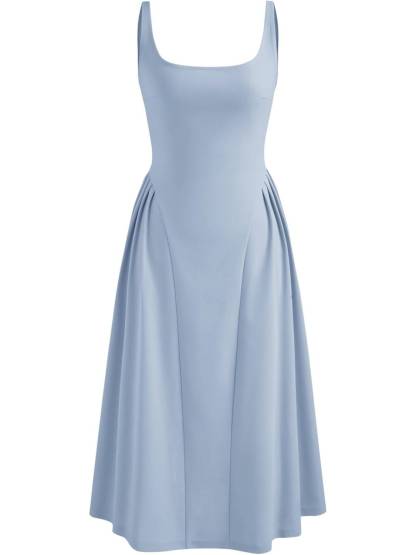 Woven Square Neck Solid Ruffle Midi Dress Curve