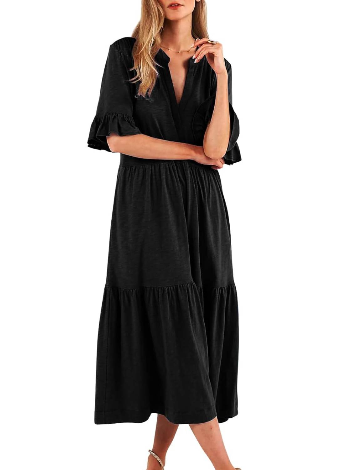 Women's V Neck Casual A Line Loose Tiered Long Dresses with Pockets