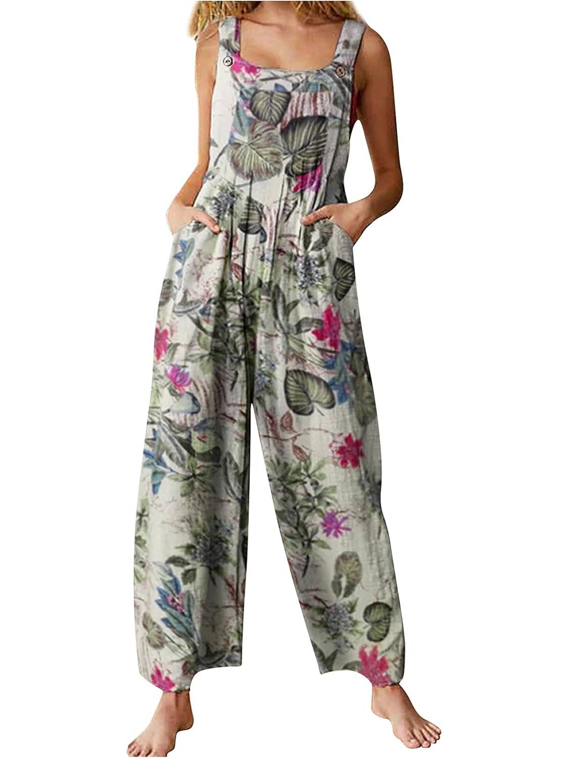 Overalls For Women Floral Boho Loose Fit Summer Wide Leg Jumpsuits 