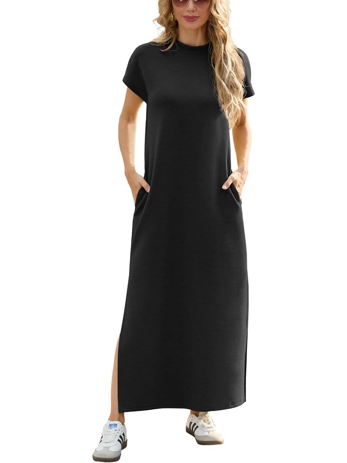 Women Neck Short Sleeve Loose Split Wrinkle-Free Long Maxi Dress with Pockets