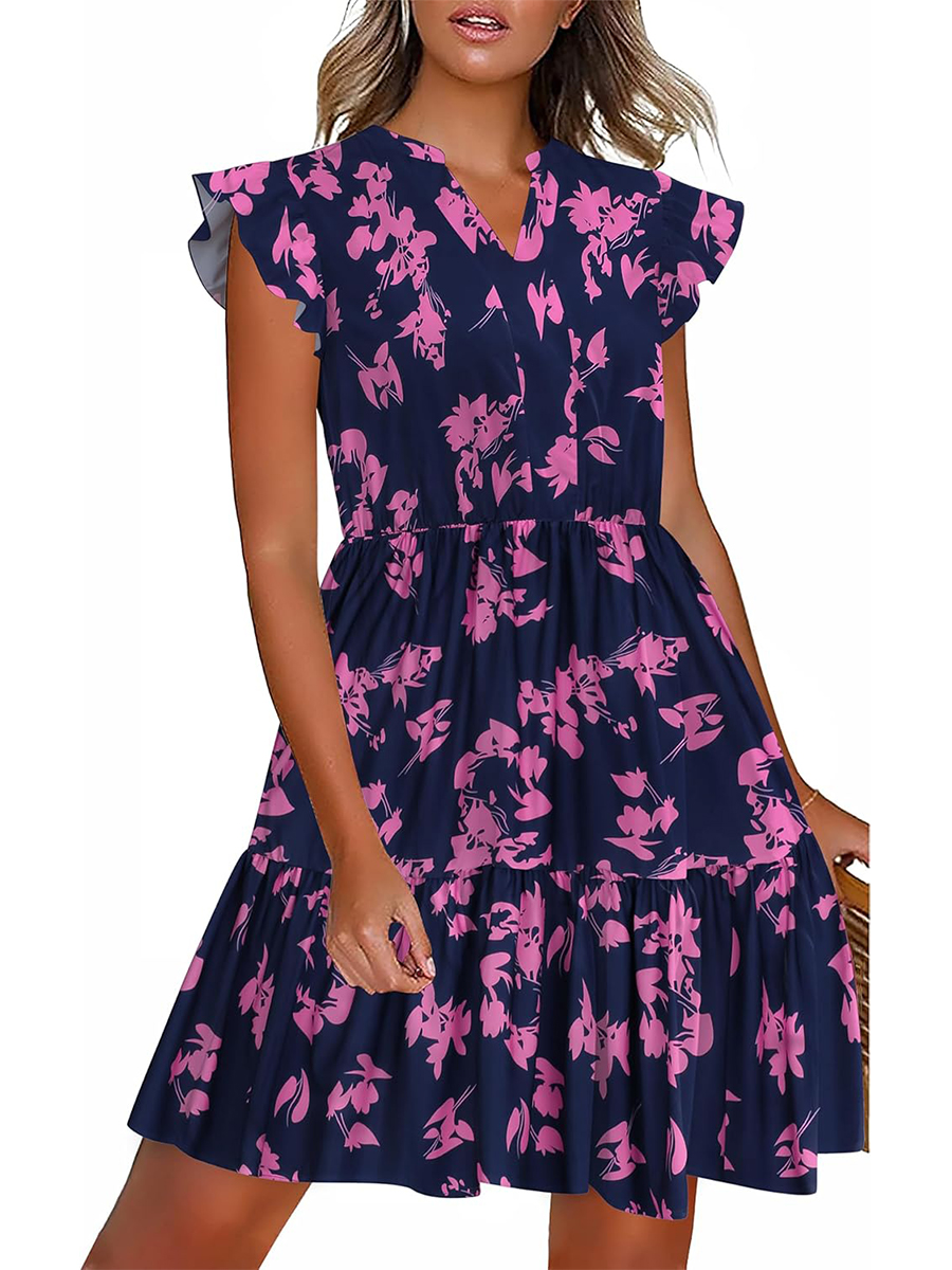 Women's Printed V Neck Short Ruffle Sleeve Tiered Mini Dress with Pockets
