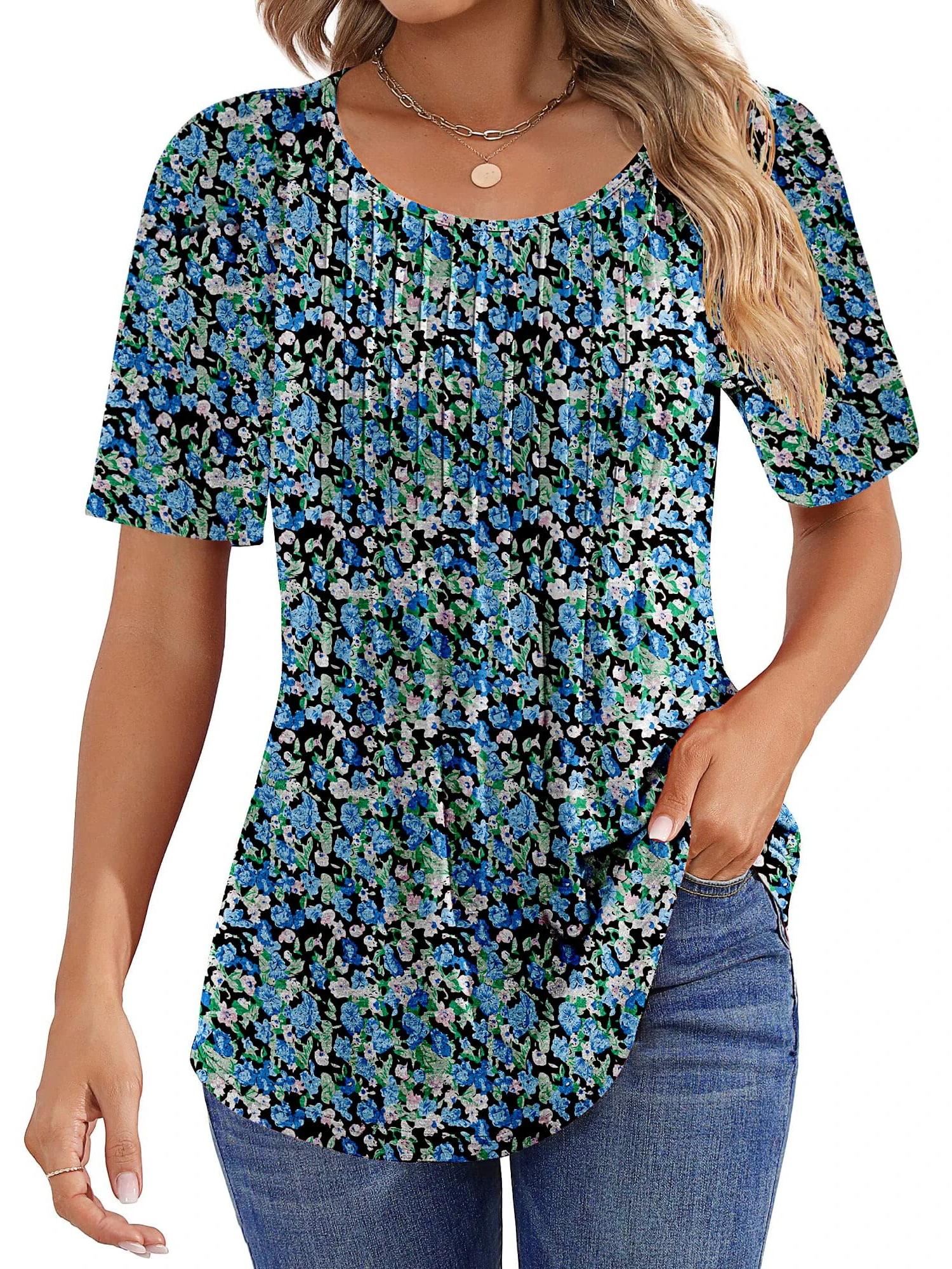 Women Summer Pleated Short Sleeve Tunic Blouses Shirts