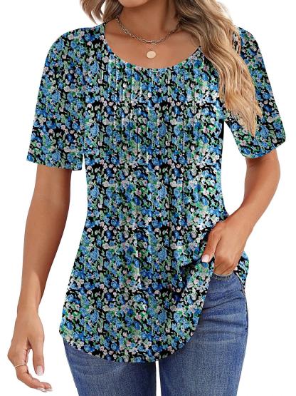 Women Summer Pleated Short Sleeve Tunic Blouses Shirts
