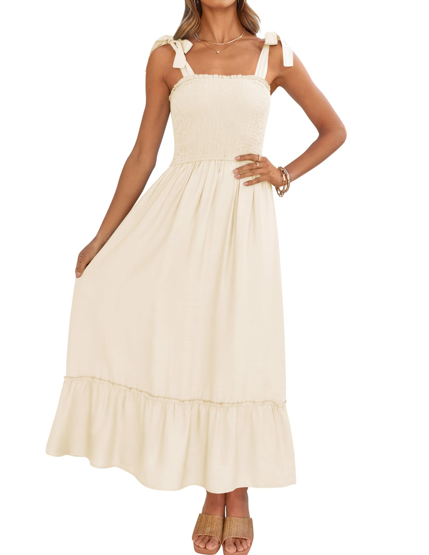 Women Summer Casual Strap Smocked Maxi Flowy Tiered A Line Dress (BUY 2 FREE SHIPPING)