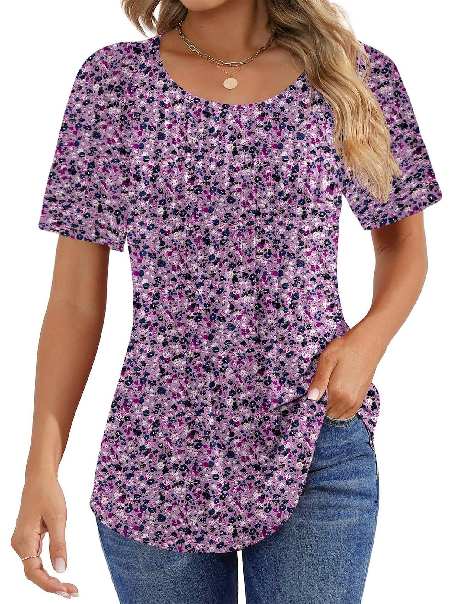 Women Summer Pleated Short Sleeve Tunic Blouses Shirts