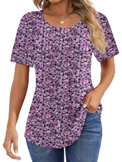 Women Summer Pleated Short Sleeve Tunic Blouses Shirts