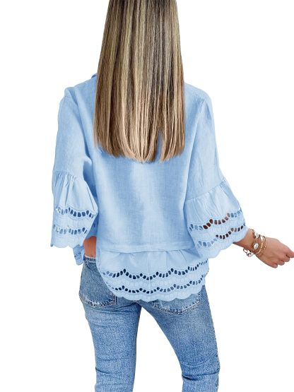 2024 Chic Ruffle Hem Blouse with Hollow Out Design(Buy 2 Free Shipping）