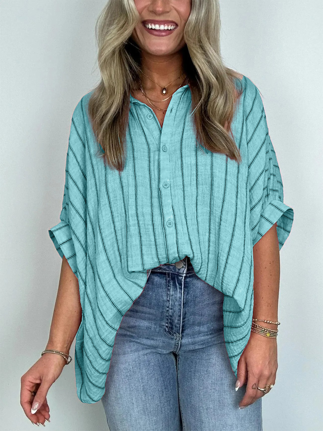 2024 Popular Oversized Striped Button Down Top Shirt jacket(50% OFF🔥)